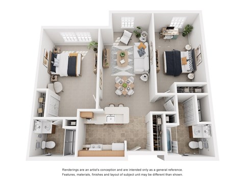 Floor plan for 2 beds, 2 baths, 945 sqft